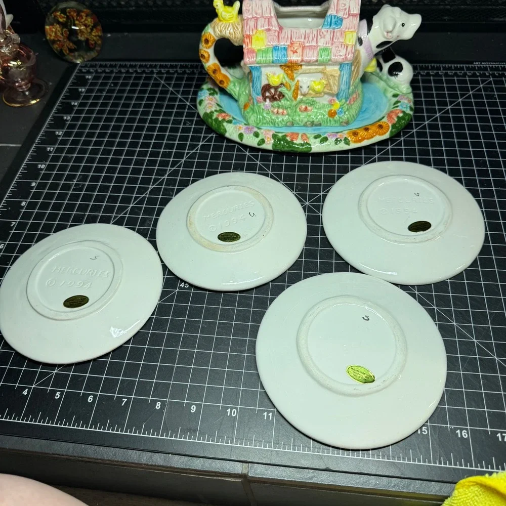 Vintage 1994 Mercuries Farm Barn Teapot Set with Tray and 4 Plates Cow Pig Sheep